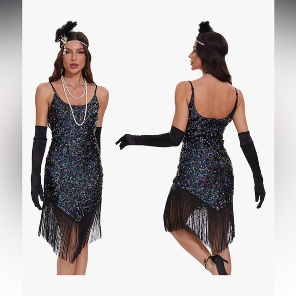 Roaring 20’s Flapper Dress with gloves, a pearl necklace and headpiece XXL - Picture 2 of 3